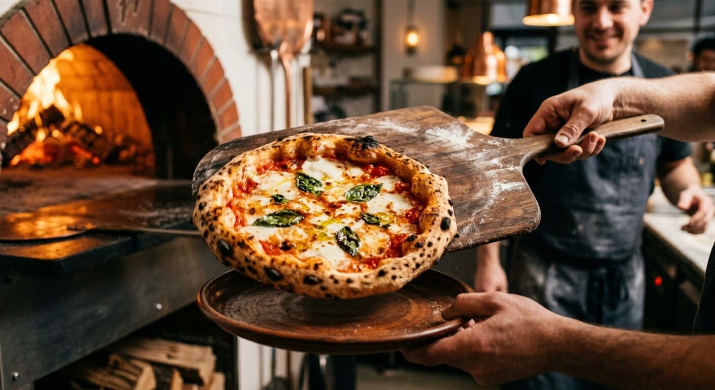 Napoletansk pizza fresh från vedugn — exempelbild från Foto-paket Restaurang