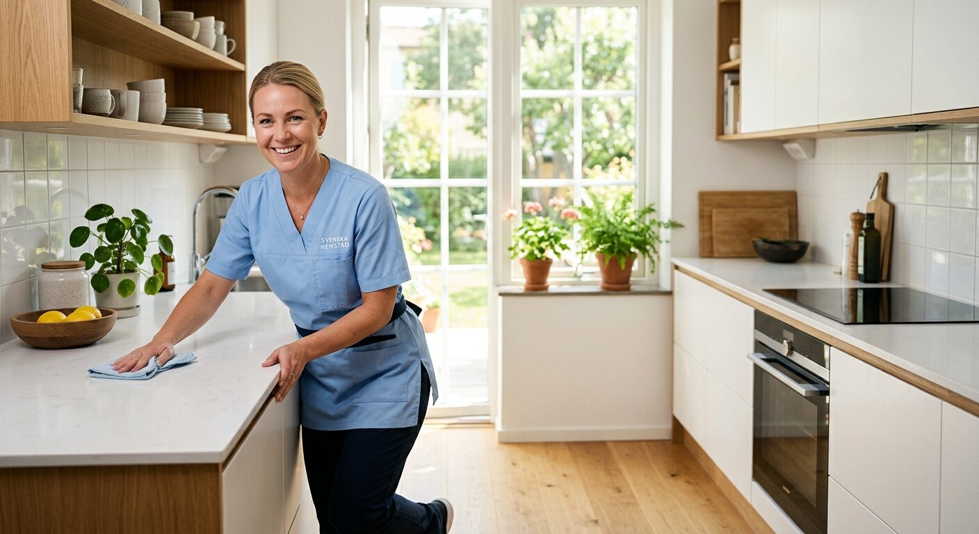 Professionell svensk städare i ljust kök — exempelbild från Foto-paket Städ