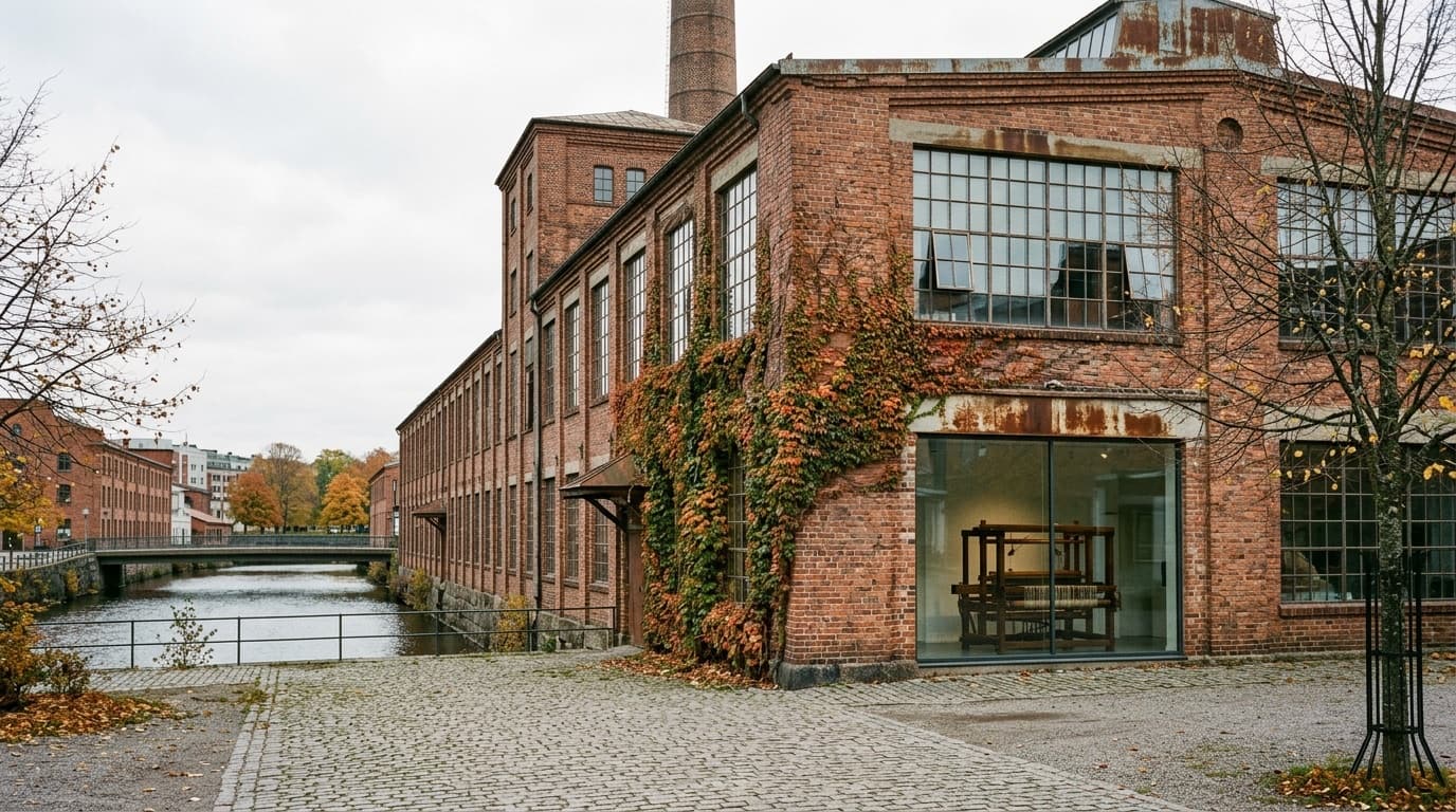 Borås textilkluster — historisk fabriksfasad i mjukt eftermiddagsljus