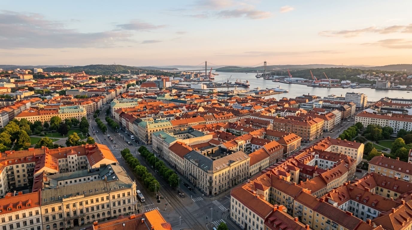 Flygvy över Göteborgs röda tegeltak i mjukt morgonljus med klassiska 1800-talsfasader