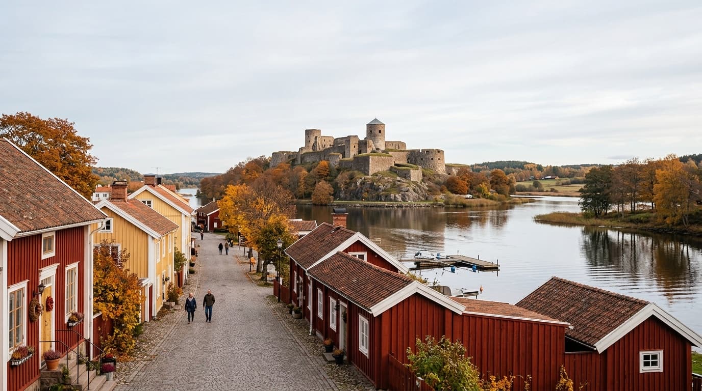 Kungälv stadsbild med Bohus fästning på en kulle i bakgrunden och traditionella röda trähus i förgrunden