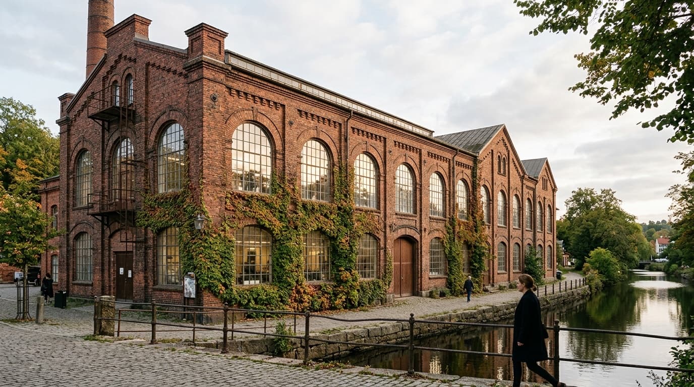 1800-tals textilfabriksfasad i Mölndal med murverk och båglagsfönster i mjukt eftermiddagsljus