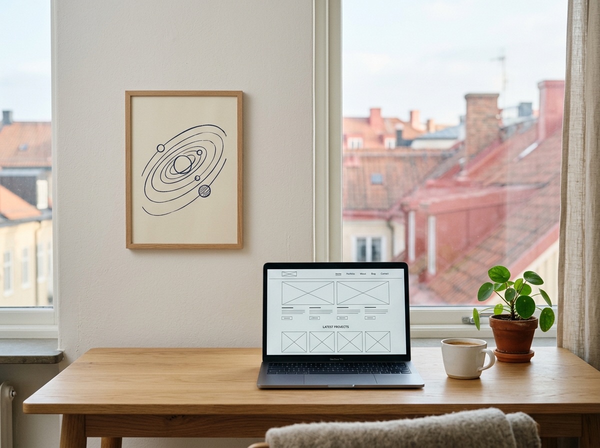 Lugn skandinavisk arbetsplats med öppen laptop som visar en hemsidedesign i mjukt morgonljus