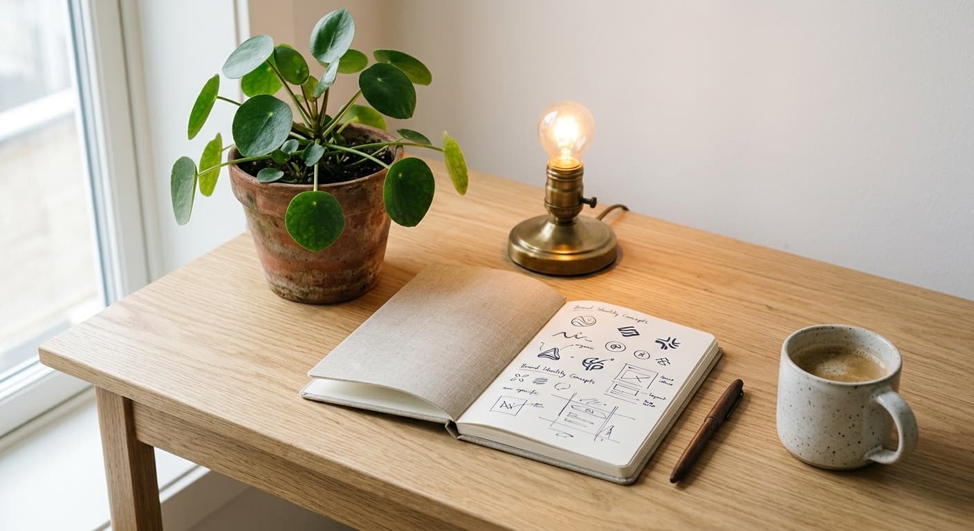 Lugn skandinavisk arbetsplats med pilea i terracottakruka, mässingslampa, anteckningsbok med brandskisser och keramikmugg på oak-bord