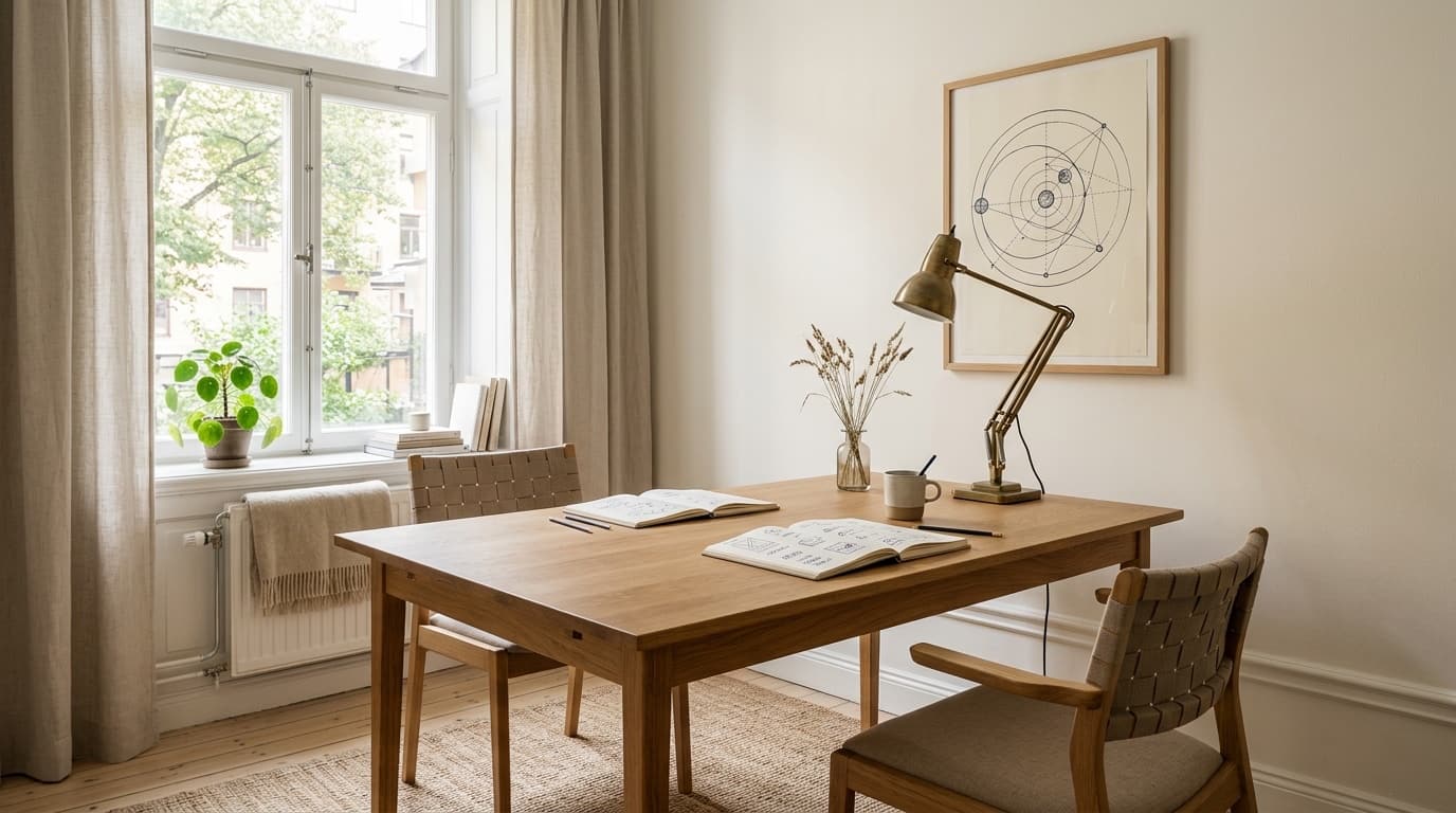Skandinavisk arbetsplats med oak-skrivbord och norrljus — Webraketen jobbar remote-first från Göteborg åt hela Sverige