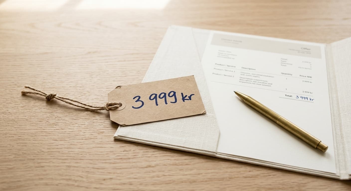 Krafpapper-prislapp med navy bläck 3 999 kr bredvid en öppen offert-mapp med utskriven offert och mässingspenna — symboliserar fastpris och tydligt avtal