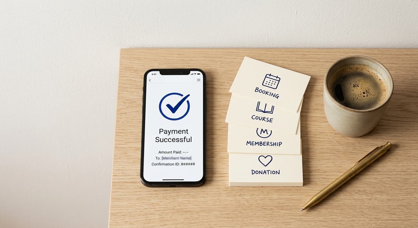Smartphone som visar en minimal betalningsbekräftelse med blå bock, på ett ekskrivbord bredvid en keramikmugg och en mässingspenna
