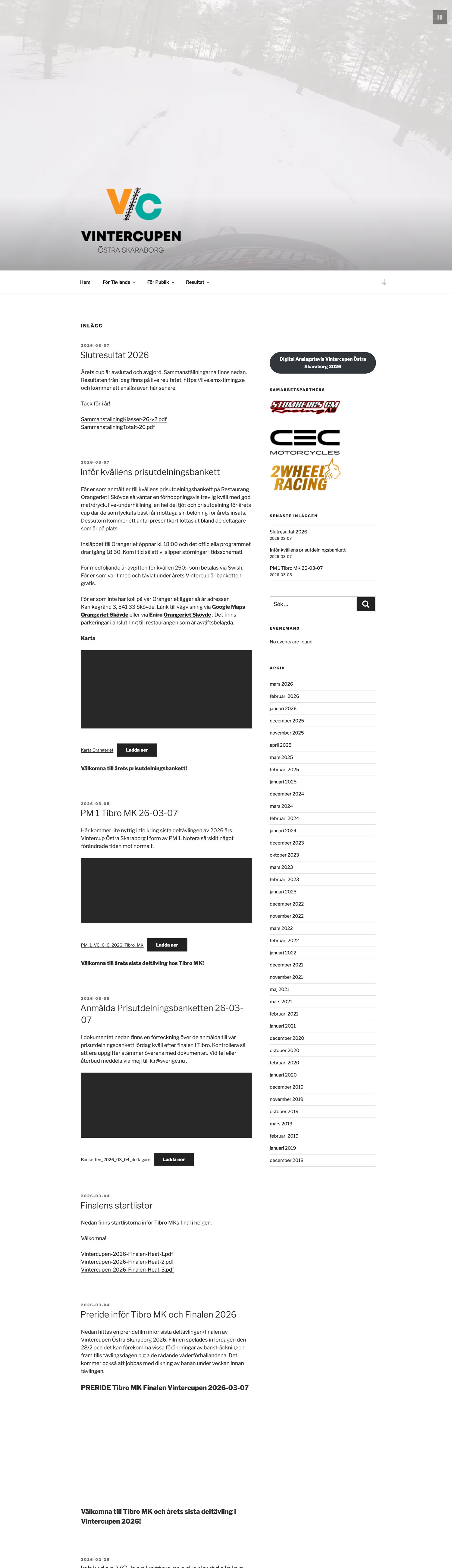 Nuvarande vintercupen.nu — en standardmall med en vägg av text och länkar till PDF-filer