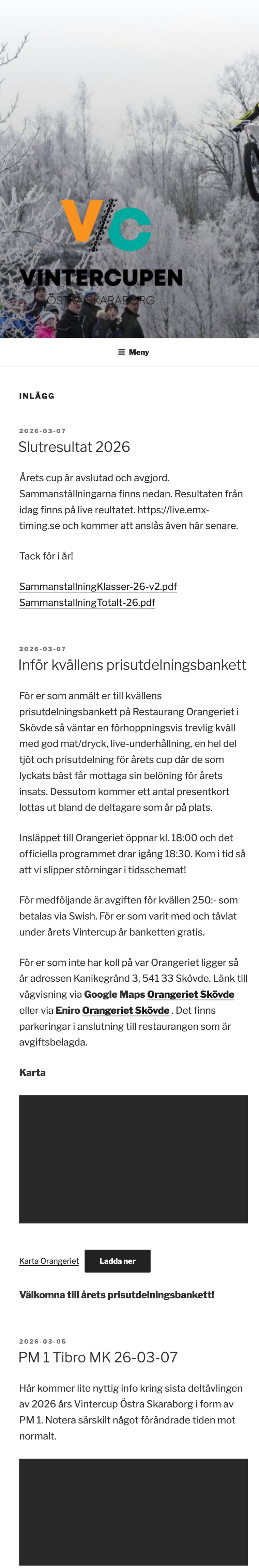 vintercupen.nu på mobil — en lång vägg av text