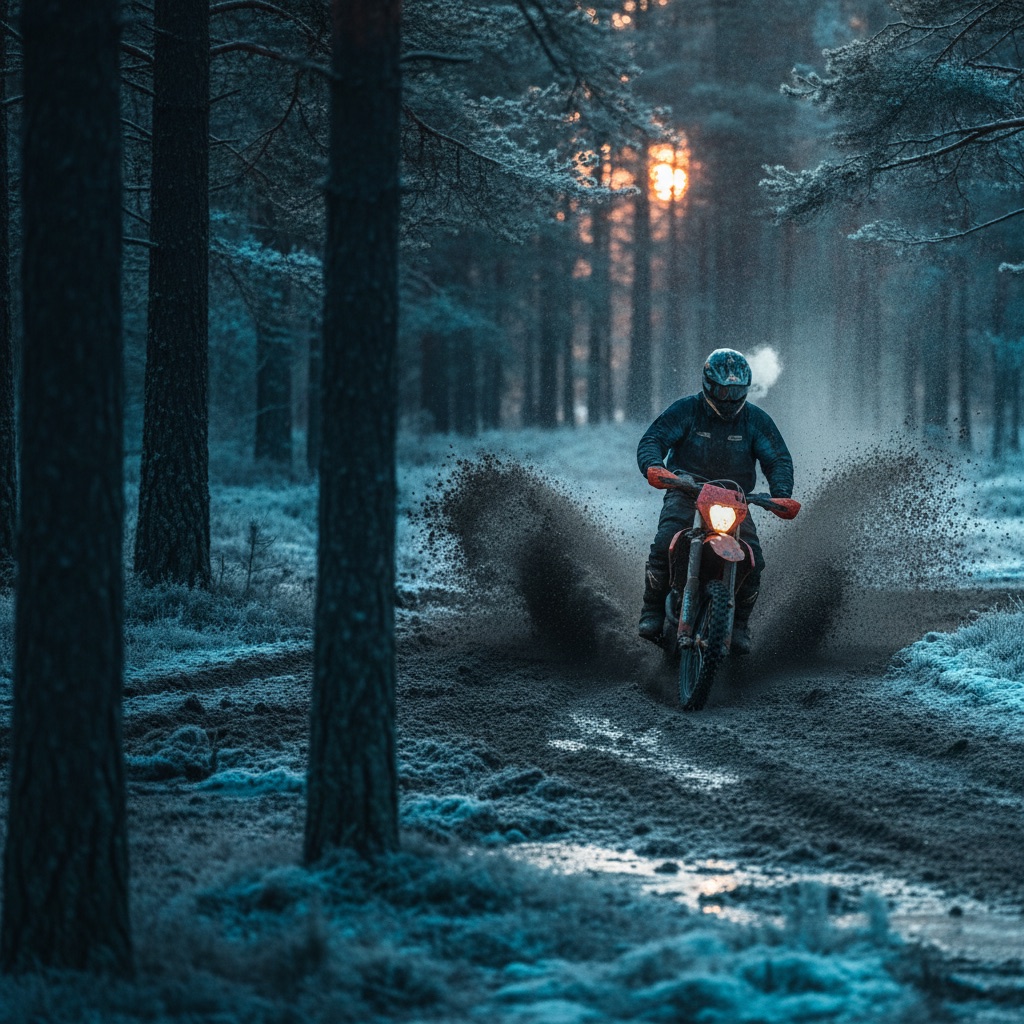 Enduroförare som sprutar upp frusen lera i en frostig tallskog i skymningsljus
